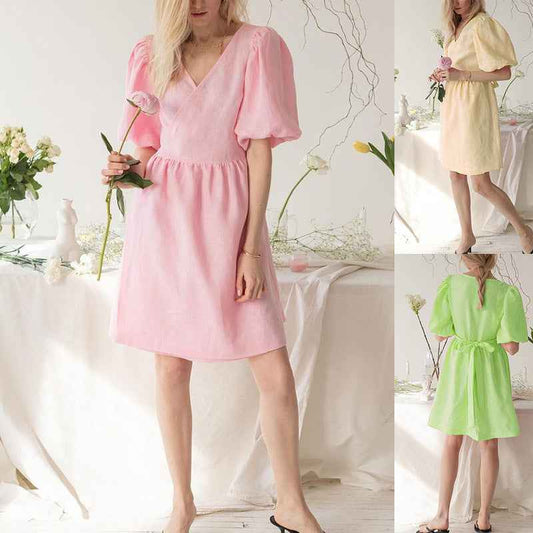 Women’s V-Neck Half-Sleeve Loose Dress – Relaxed-Fit Casual Summer Midi Dress