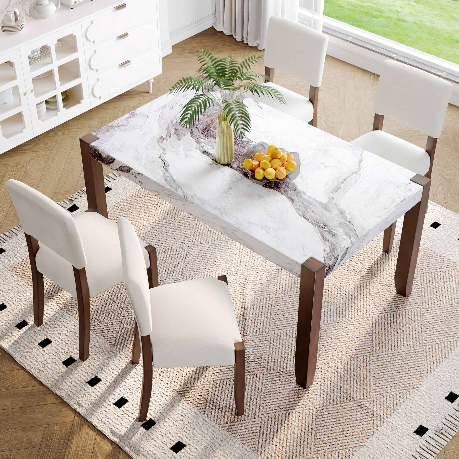 5-Piece Dining Table Set for 4 – 46" Faux Marble Table with Upholstered Chairs, Modern Space-Saving Dinette Set (US Delivery Only)