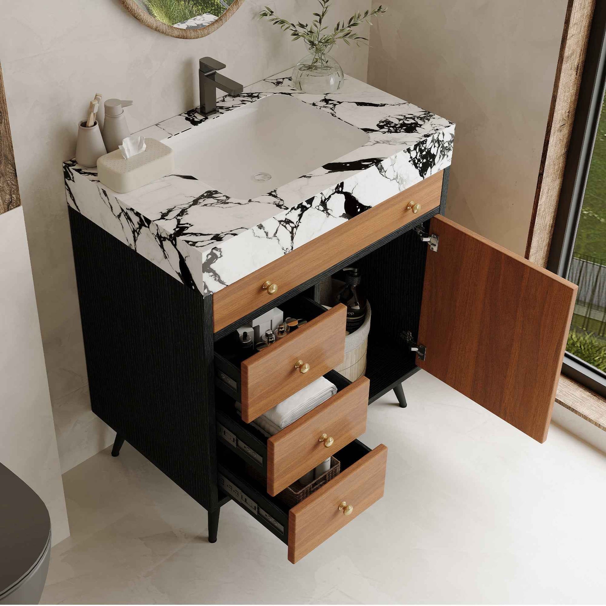 30" Modern Freestanding Bathroom Vanity with Ceramic Sink & Sintered Stone Top – Soft Close Storage Cabinet
