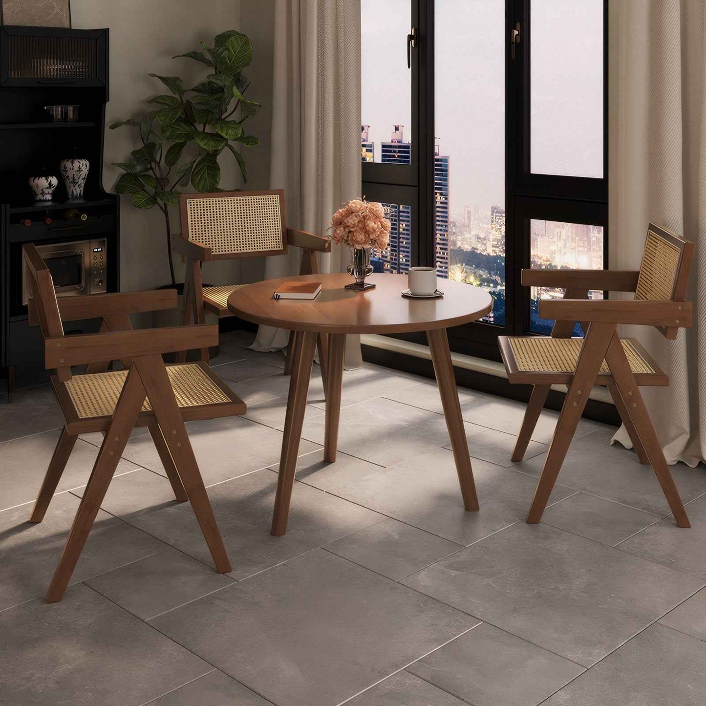 Modern Mid-Century Dining Chairs Set of 2 – Brown Rattan Accent Armchairs with Rubber Wood Frame (Deliver United States Only)