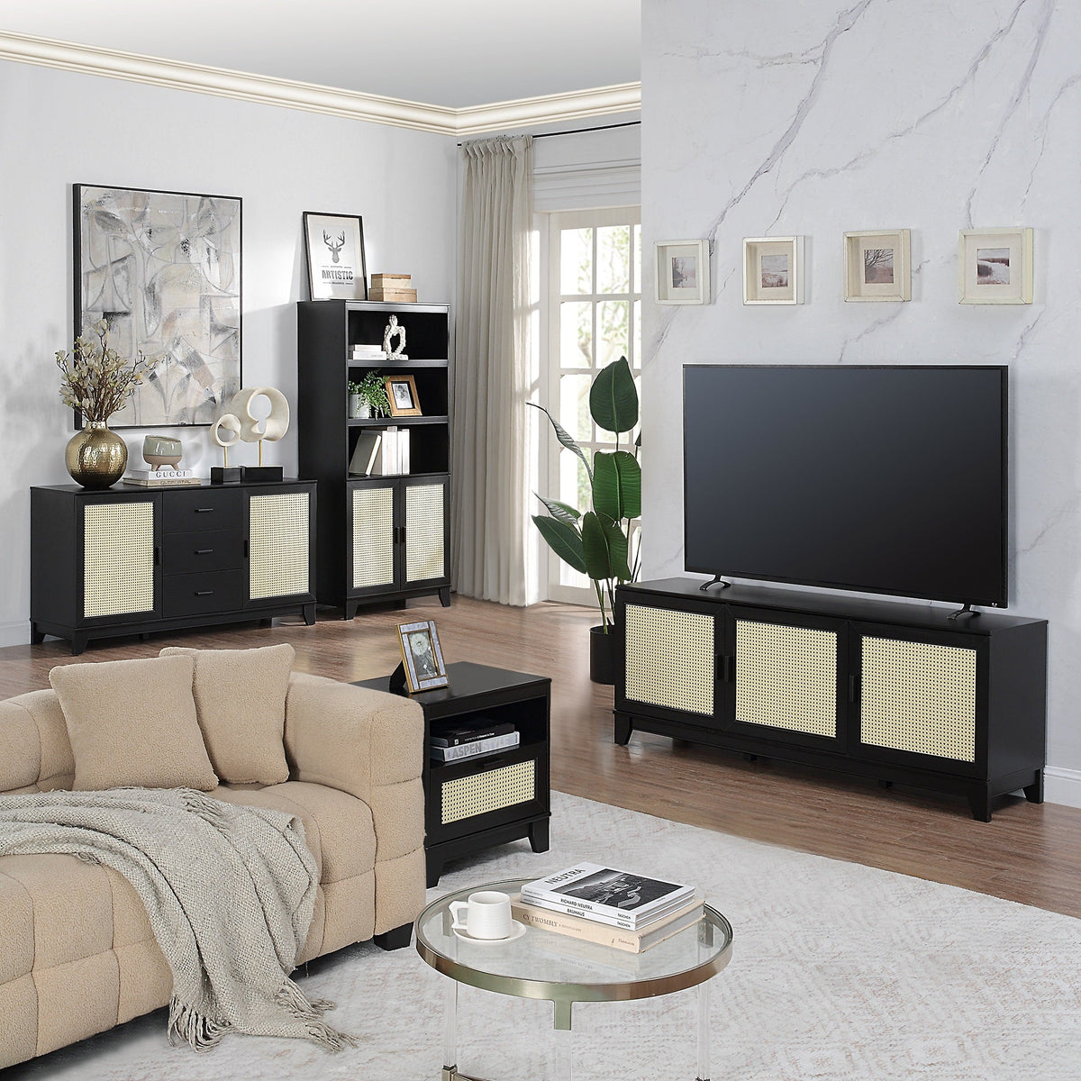 Drift 63" Faux Cane Storage TV Stand - Multiple Color Options