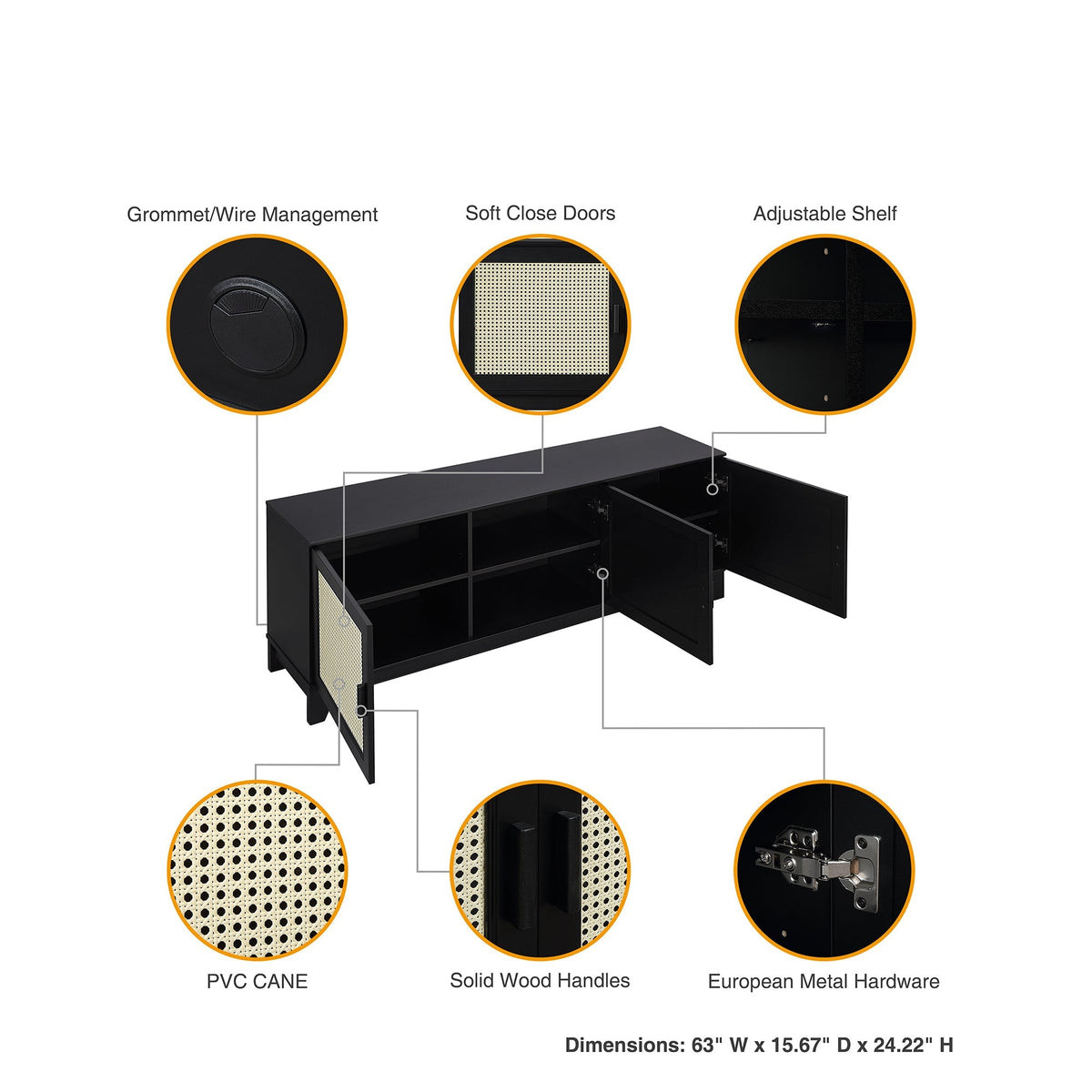 Drift 63" Faux Cane Storage TV Stand - Multiple Color Options