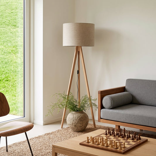 GRAND Pine & Linen Mid-Century Modern Floor Lamp for Living Room, Bedroom & Reading Nook
