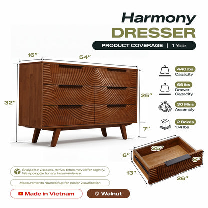 Harmony Solid Wood Dresser with 6 Drawers