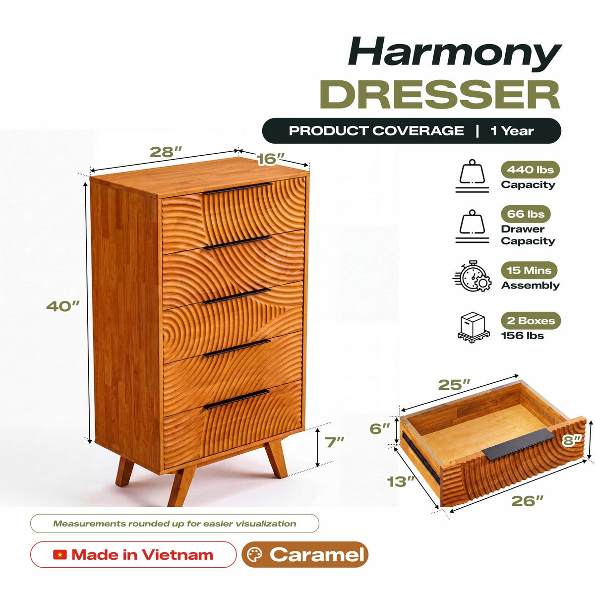 Harmony Solid Wood Dresser with 5 Drawers