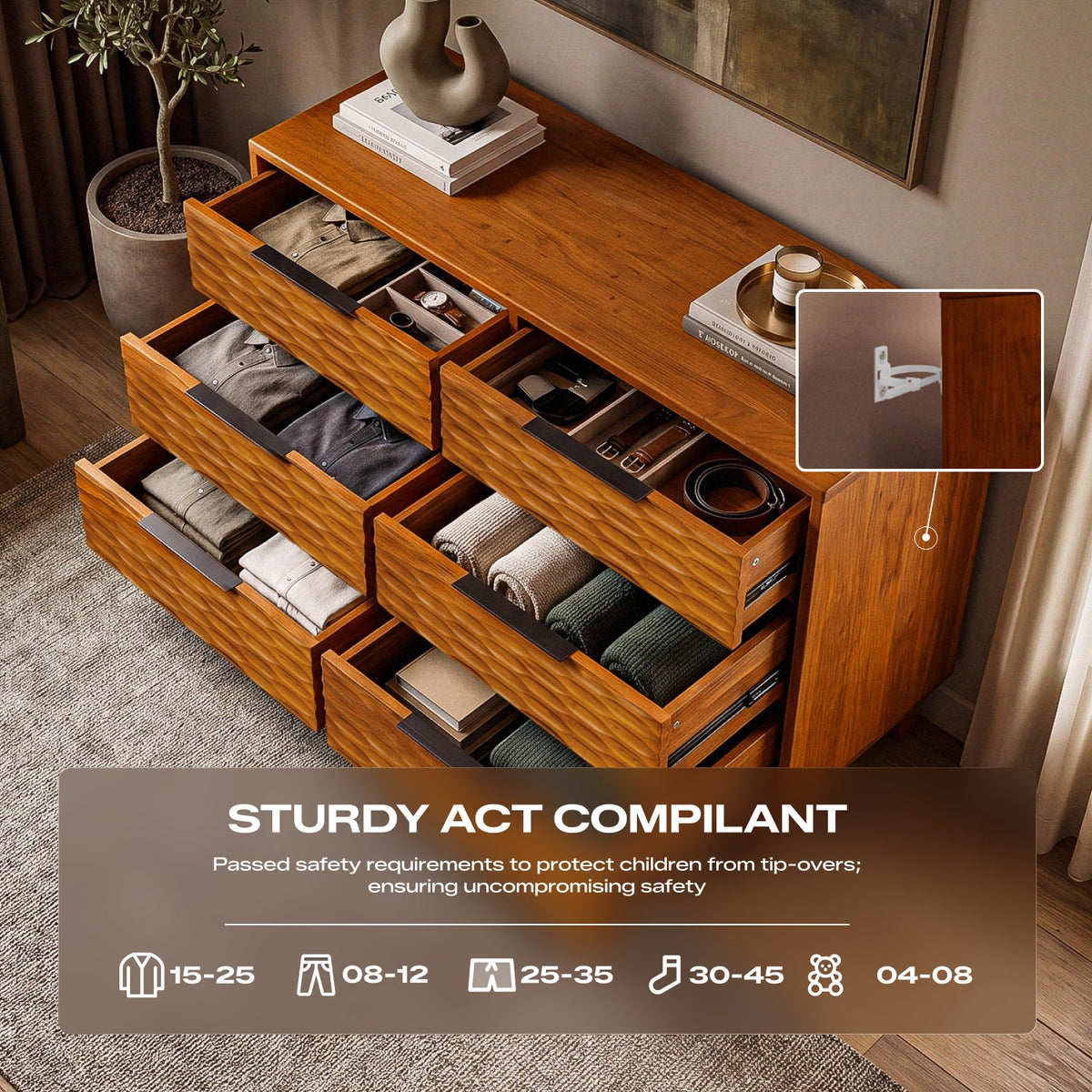 Elara Solid Wood Dresser with 6 Drawers