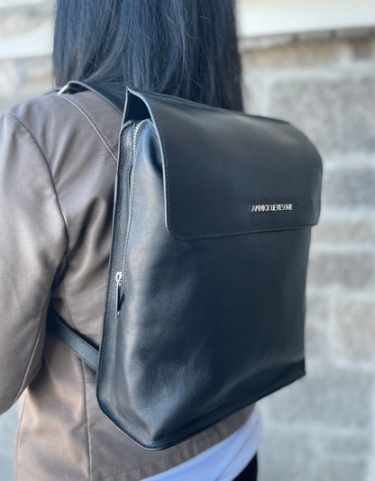 Sac à dos en cuir véritable noir, Antoinette