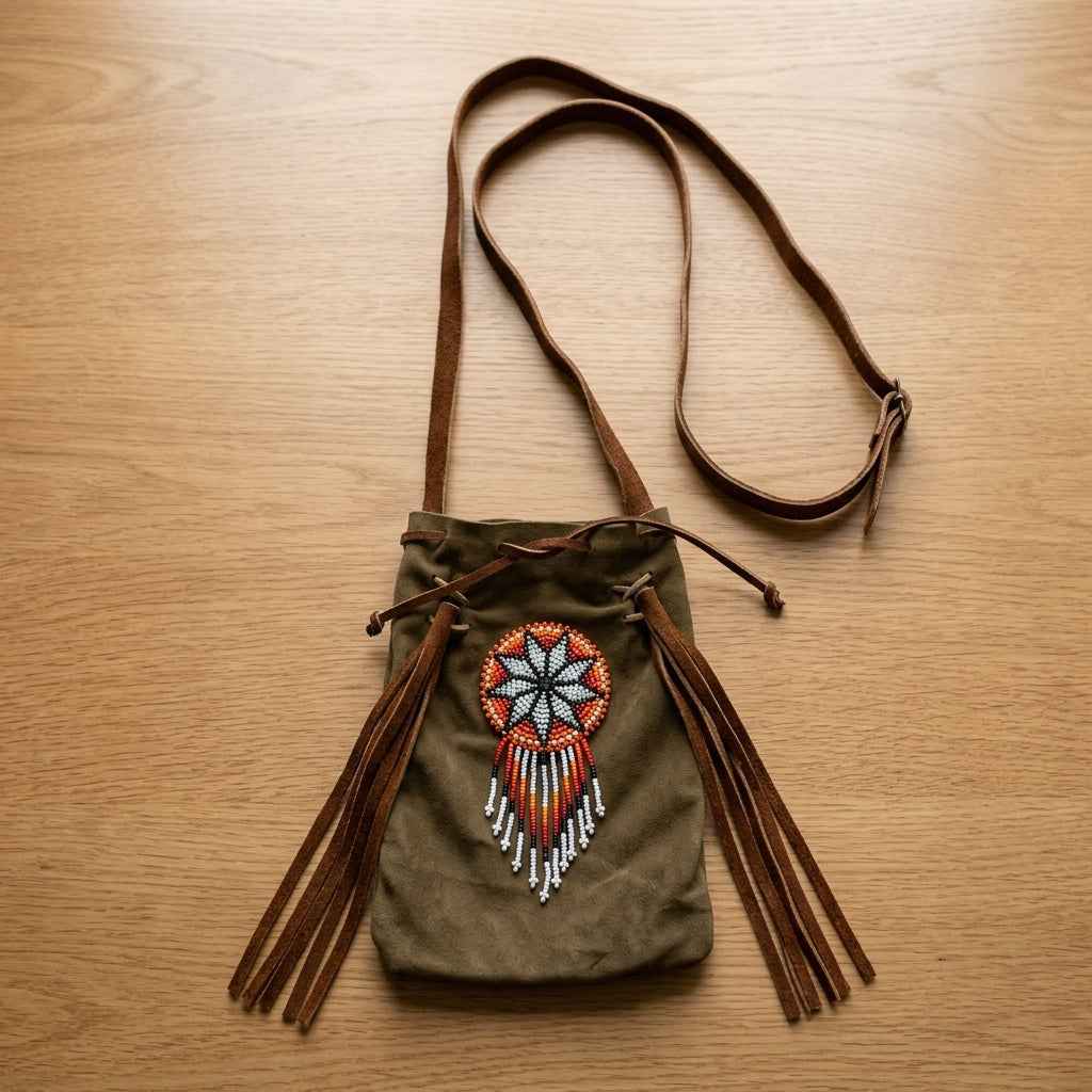 Beaded Suede Phone Pouch ~ light brown