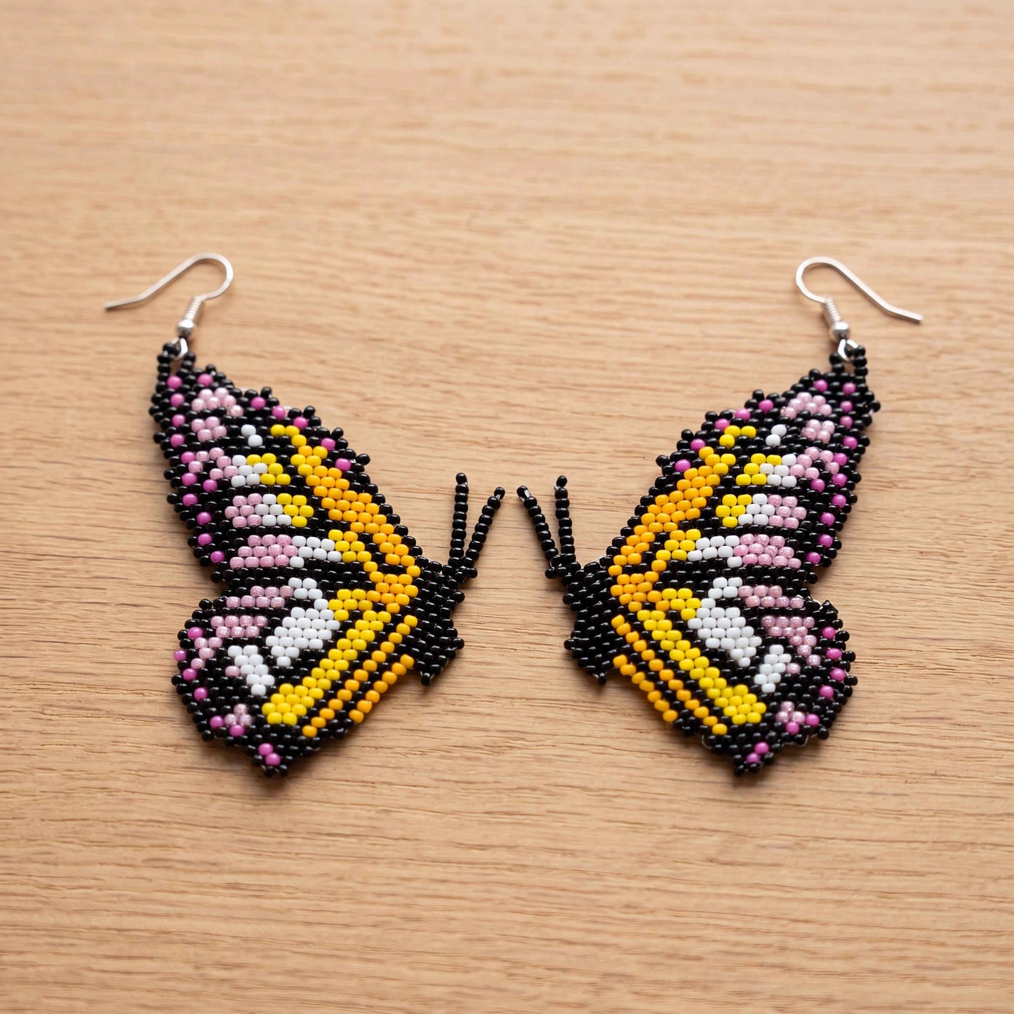 Beaded Butterfly Earrings — Black, Gold & Pink