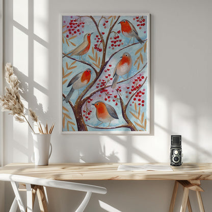 Wall art Winter birds robins Christmas snow Canvas Prints