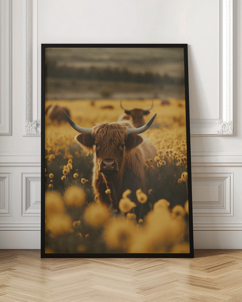 Wall Art Highland Cows In Flower Field