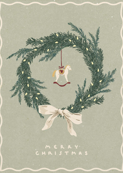 Wall art Horses Toy on Christmas wreath with bow Canvas Print