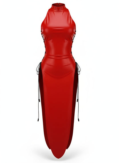 Vintage PU Leather Satin Cheongsam Lingerie Sexy Party Dress Costume