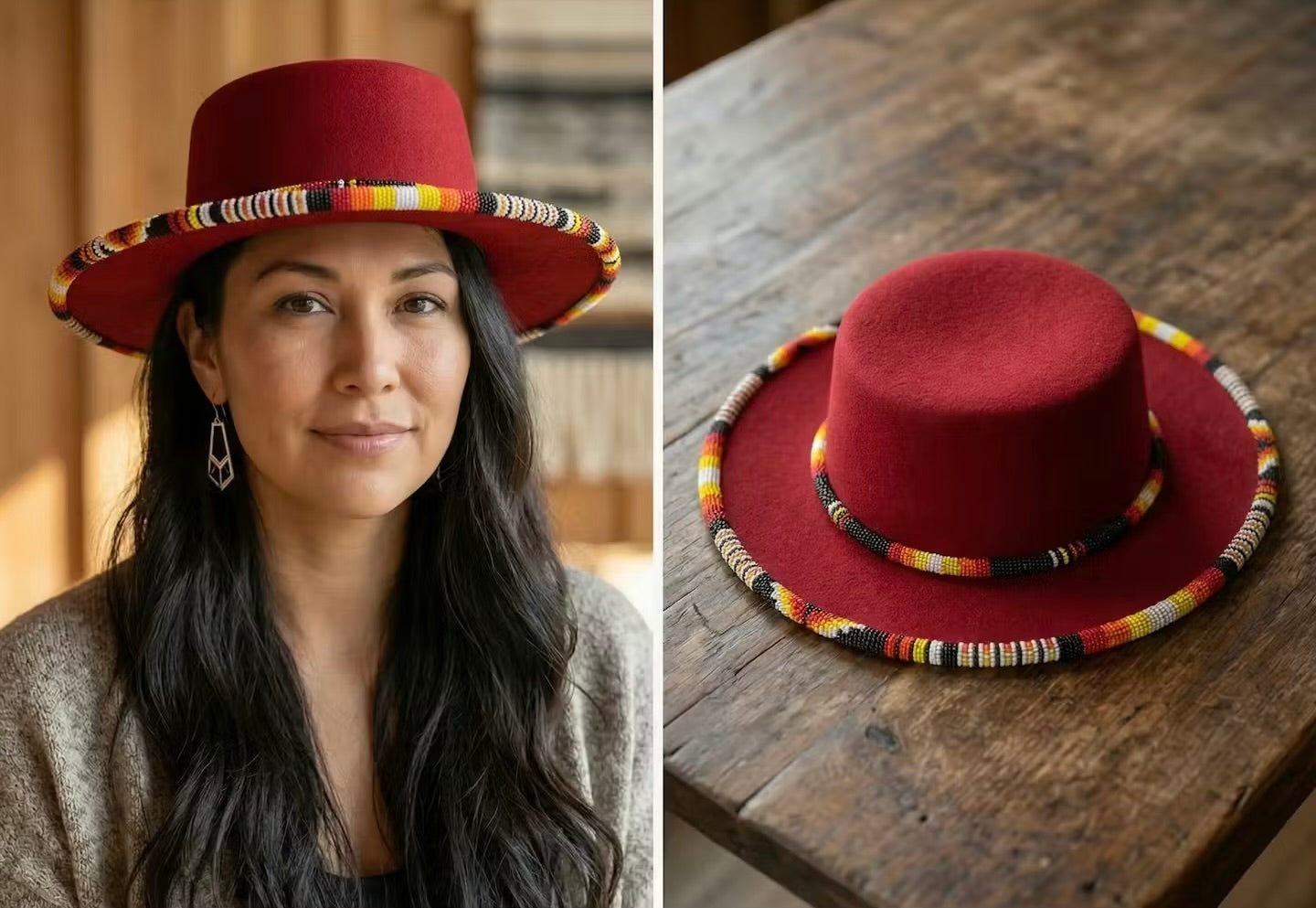 Size-60 Beaded Flat-Brim Felt Hats