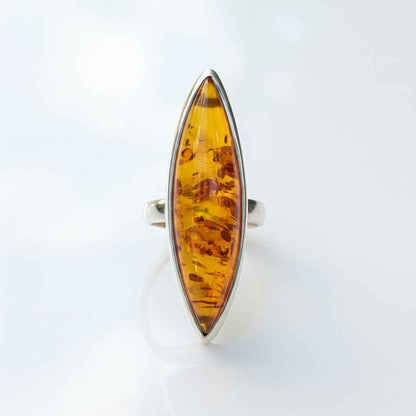 Golden Amber Marquise Ring | Silver Baltic Amber Ring |Tears of the Sun