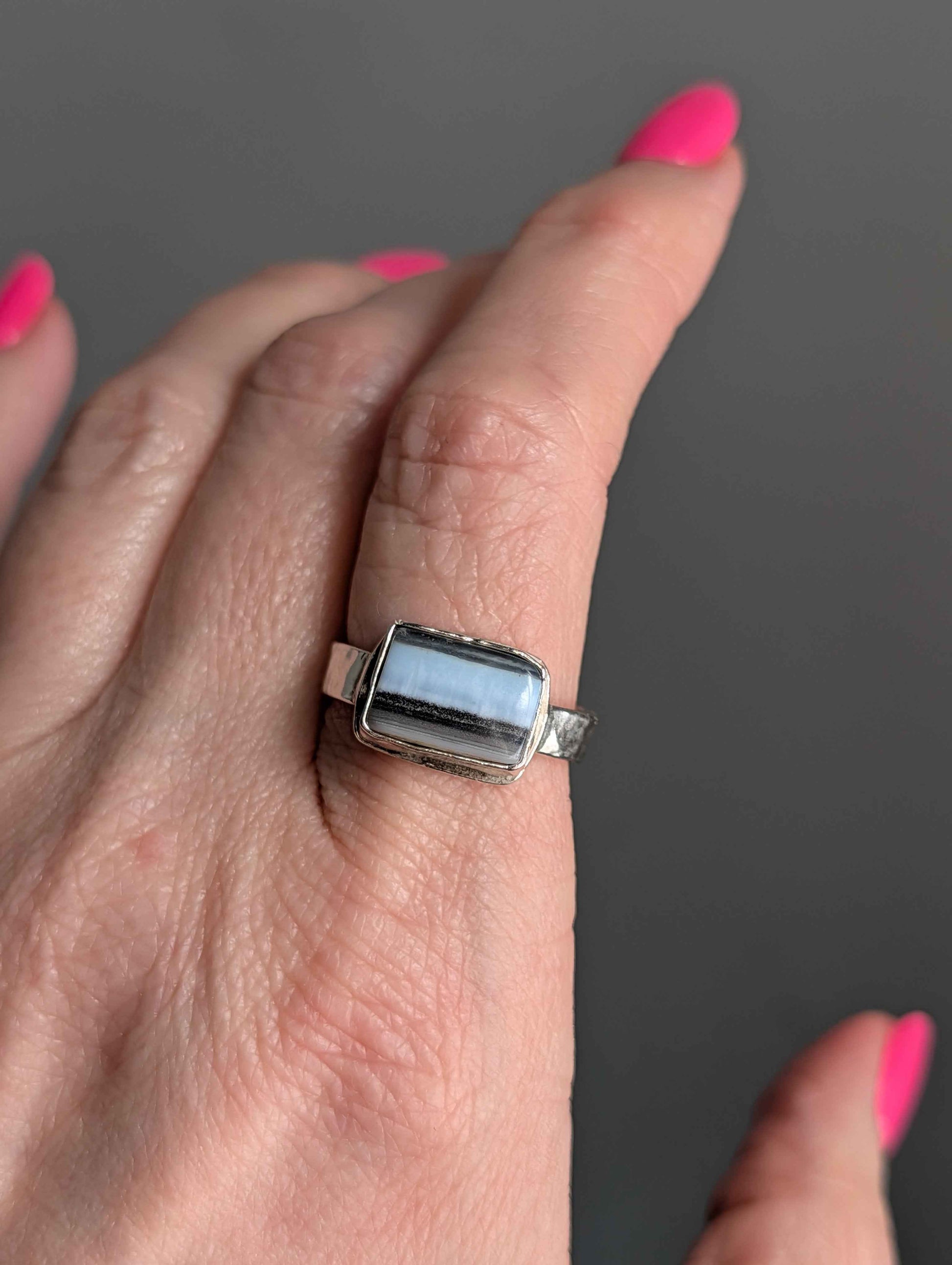 Blue Opal Rectangle Statement Ring | Sterling Silver | size 9