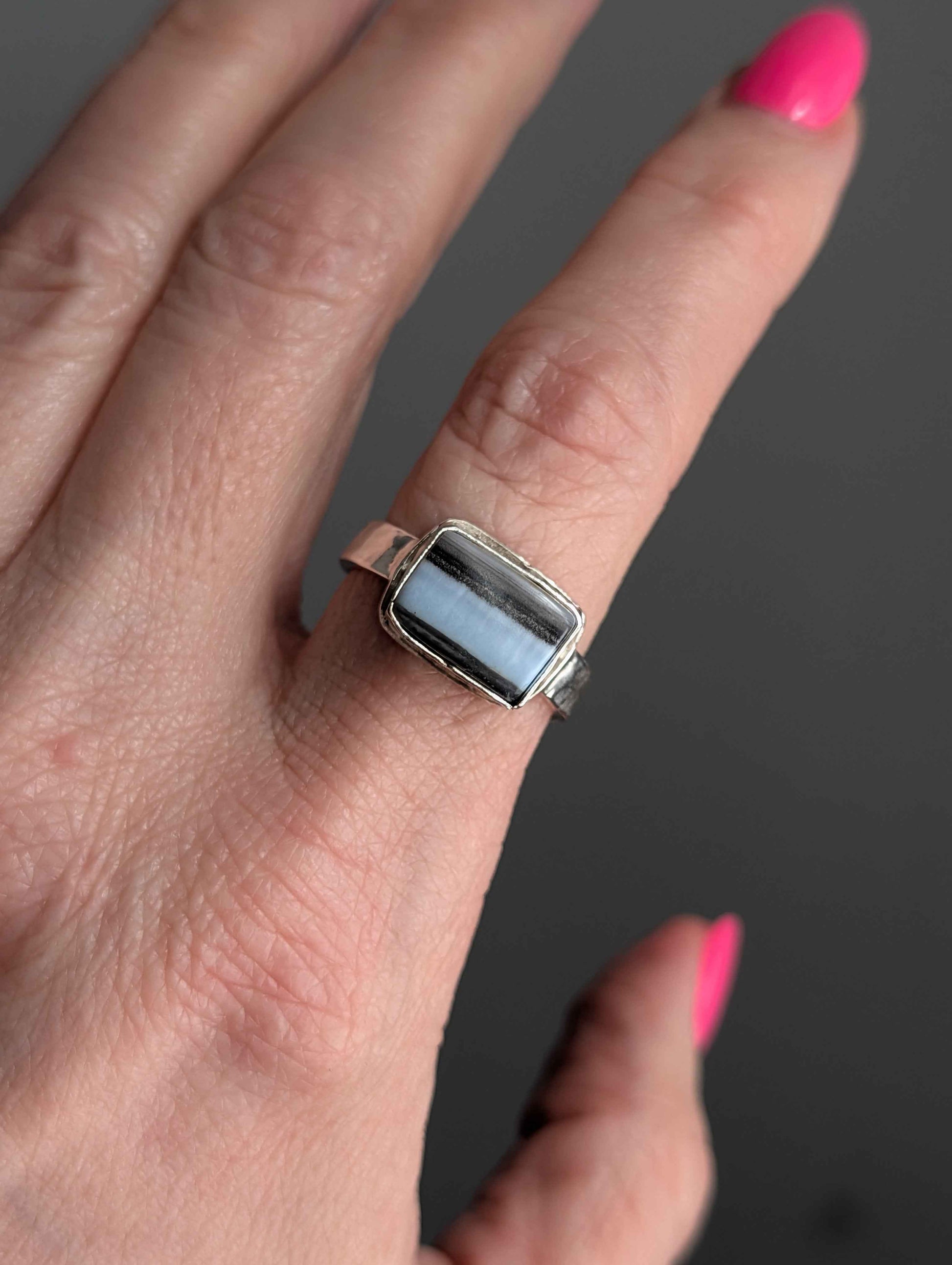 Blue Opal Rectangle Statement Ring | Sterling Silver | size 9