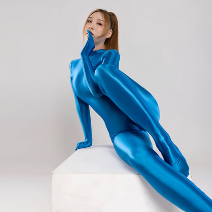 Spandex Nylon Full Bodysuit Zentai Shinny Cosplay Jumpsuit Attached Gloves