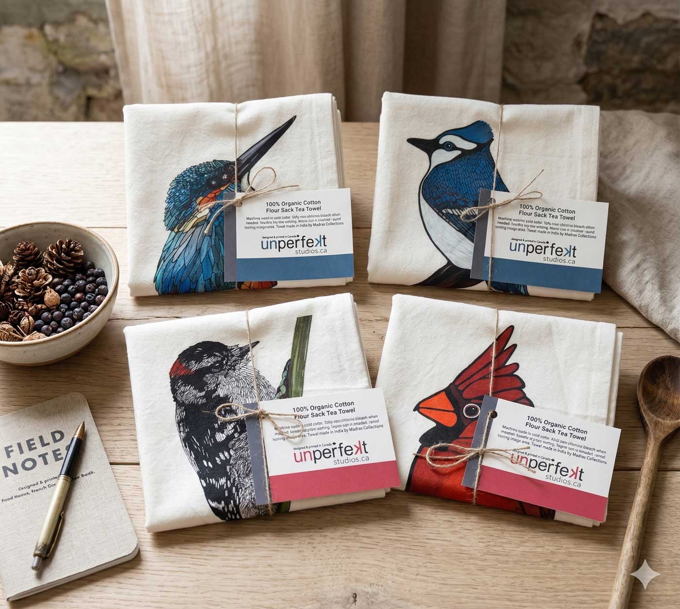Flour Sack Tea Towel - 100% Organic Cotton - Downy Woodpecker
