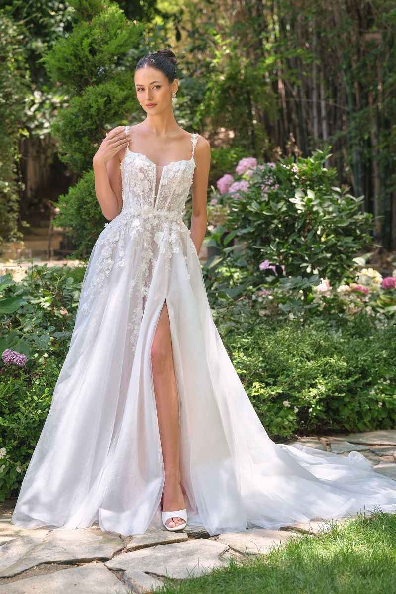 Floral lace appliqué over layered tulle