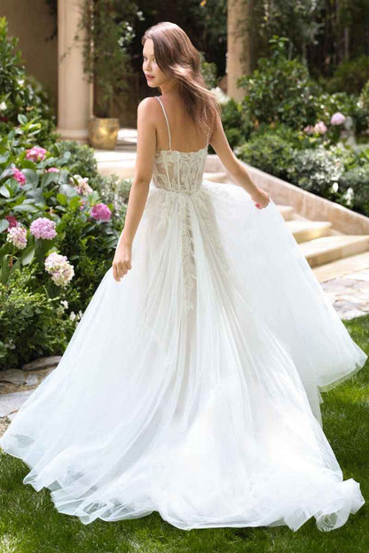 Deep neckline, beaded spaghetti straps & illusion lace corset bodice